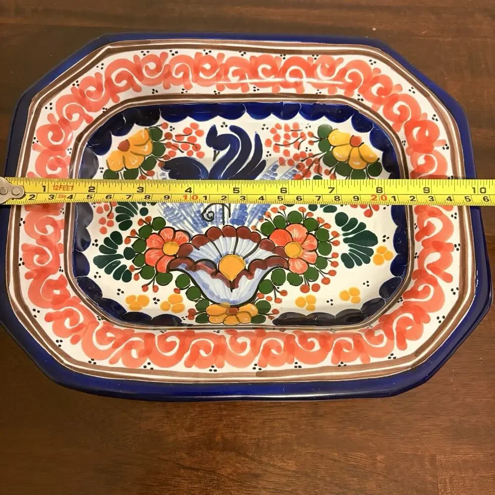 Talavera Mexican Pottery Serving Hanging Dish Blue Coral Yellow Green 10”